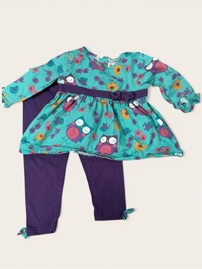 NWOT Toffee Apple Infant Turquoise Owl Ruffle Tunic & Matching Leggings Set, 18M